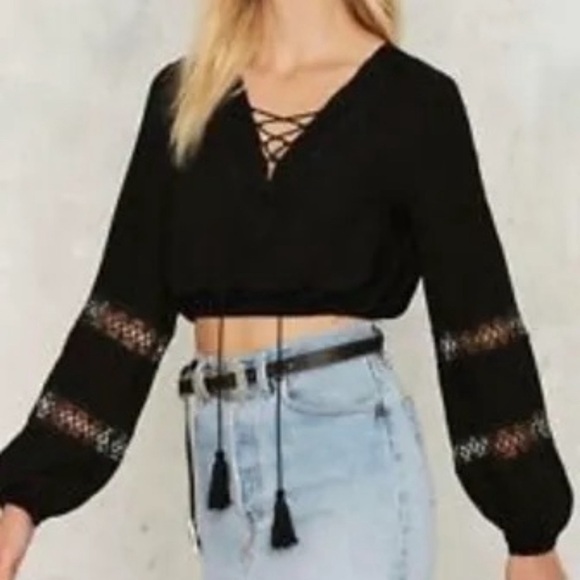 Sadie & Sage Tops - Sadie And Sage Black Long Sleeve Sheer Cutout Boho Crop Top